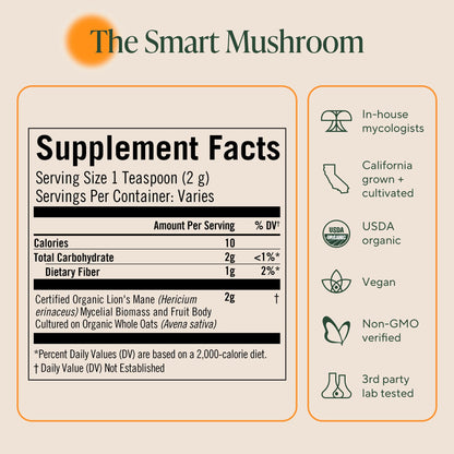 Om Lion’s Mane Mushroom Powder - Organic Mushroom Supplement and Nootropic - Support Memory, Focus and Nerve Health, 7.05 oz (100 Servings)