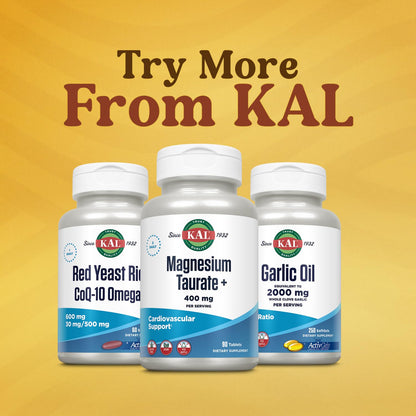 KAL Magnesium Taurate 400mg Plus Vitamin B6, Chelated Magnesium Supplement, High Absorption Magnesium Complex, Muscle and Heart Health Support, Vegan, Gluten Free, 60-Day Guarantee, 60 Serv, 120 Tabs