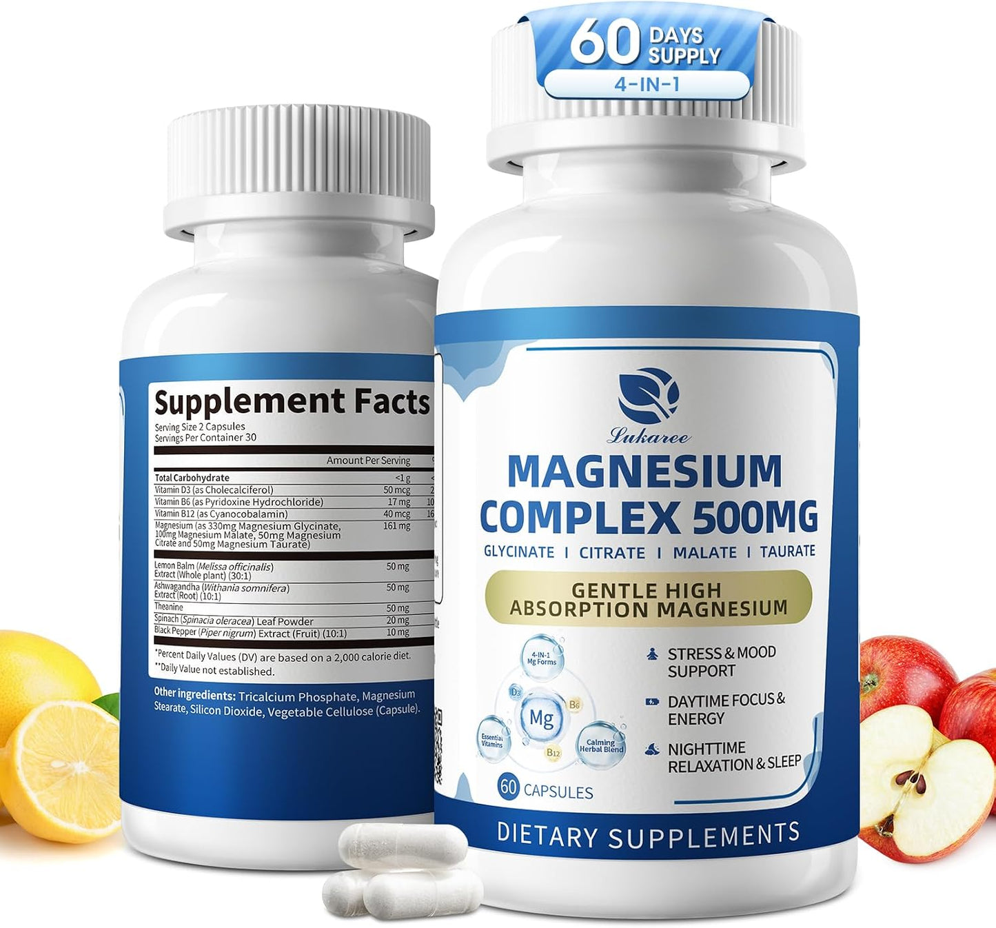 Lukaree 2 Pack Magnesium Complex for Women and Men, for Relaxation, Sleep | 4-in-1 Magnesium Glycinate, Citrate, Malate, Taurate for Muscles & Nervous Health, Vegan, Non-GMO, Gluten Free, 120 Count