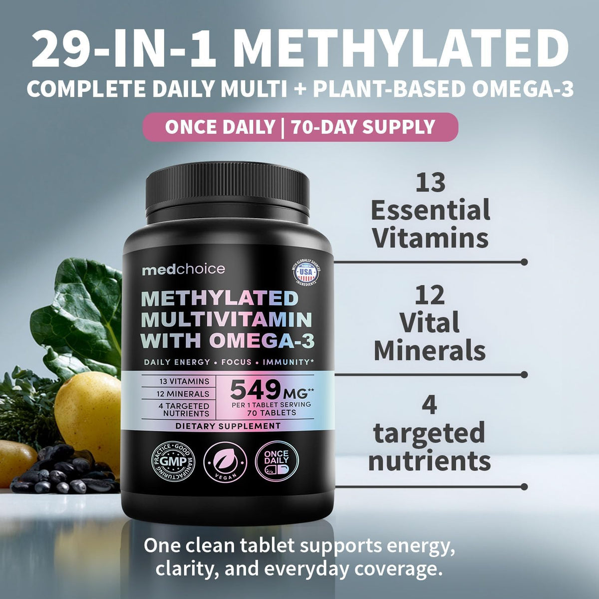 MEDCHOICE 29-in-1 Methylated Multivitamin for Men & Women with Omega 3, Active B12, 5-MTHF Folate (70ct) & 14-in-1 Women’s Inositol Complex Supplement - 40:1 Myo & D-Chiro Inositol (120ct) Bundle