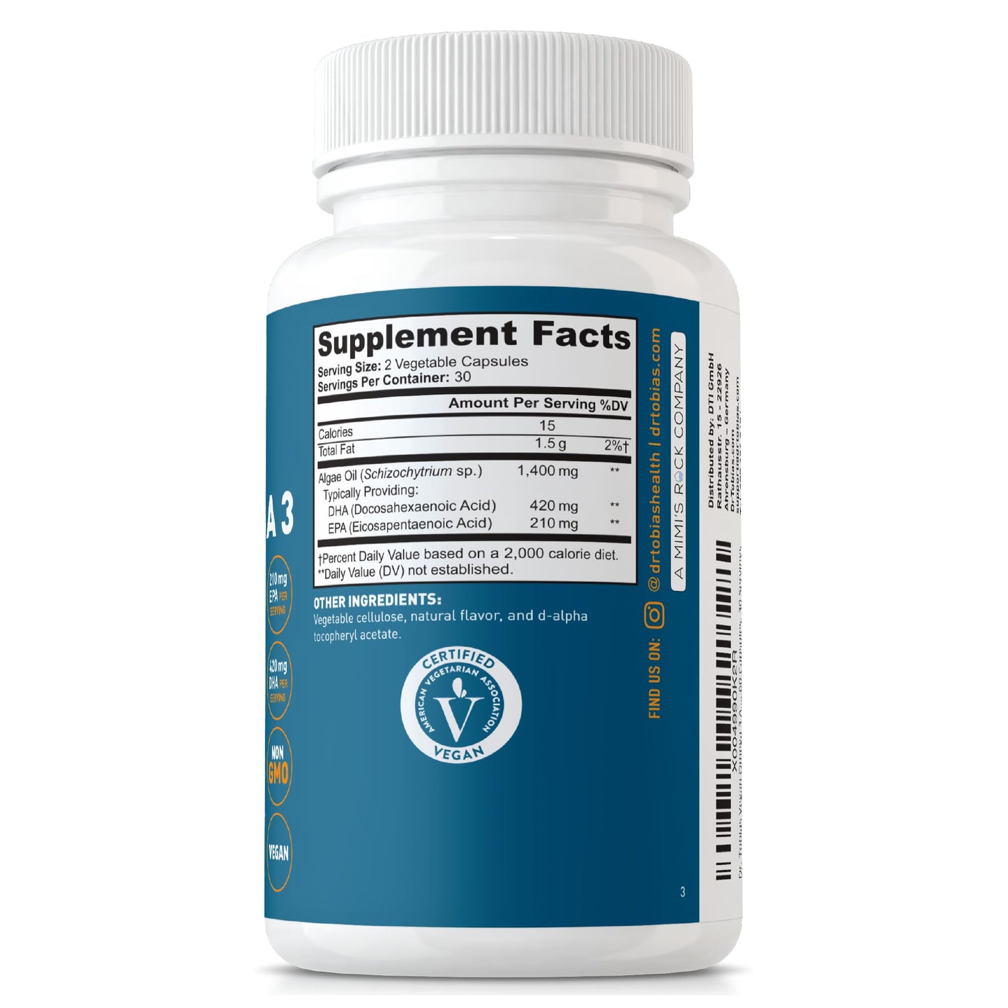 Dr. Tobias Vegan Omega 3 Algae Oil 60 Capsules | Extra-Strength DHA EPA | Plant-Based Omega 3 Supplement | Heart & Brain Support | 420 mg DHA + 210 mg EPA | Lemon Flavor | 30 Servings