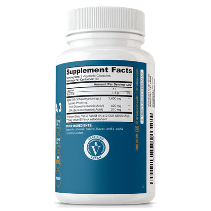 Dr. Tobias Vegan Omega 3 Algae Oil 60 Capsules | Extra-Strength DHA EPA | Plant-Based Omega 3 Supplement | Heart & Brain Support | 420 mg DHA + 210 mg EPA | Lemon Flavor | 30 Servings