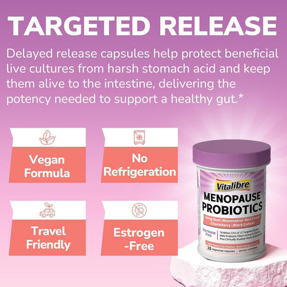 Vitalibre Menopause Probiotics for Women 70 Billion CFU, 12 Targeted Strains, Organic Prebiotics, Black Cohosh Resveratrol Red Clover Chasteberry Dong Quai, Hot Flash Night Sweat+, No Estrogen, 30 Ct