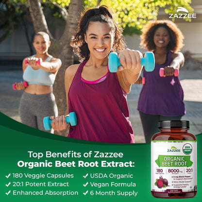 Zazzee USDA Organic Beet Root 20:1 Extract, 120 Vegan Quick Release Capsules, 4 Month Supply, Nitric Oxide Support, Black Pepper Extract for Enhanced Absorption, Certified Kosher, Non-GMO, Made in USA