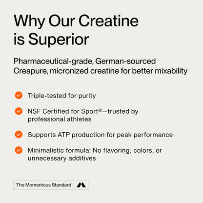 Momentous Creatine Monohydrate Powder - Creatine Powder - Supports Strength, Lean Muscle, & Recovery for Men & Women - NSF Certified for Sport - 5 g per Serving - 90 Servings