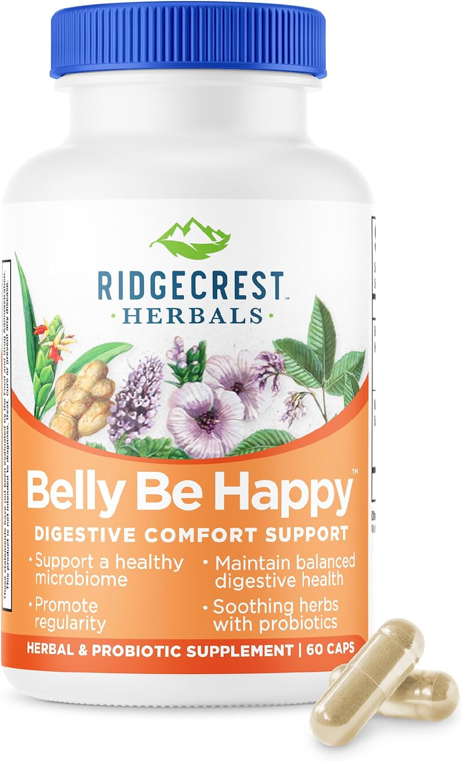 RidgeCrest Herbals Belly Be Happy Probiotic Gut Health Formula 60 Ct | 30 Servings, 4 Billion CFUs, Ginger Root, Peppermint, Slippery Elm, Daily Digestive Comfort and Gut Wellness Blend