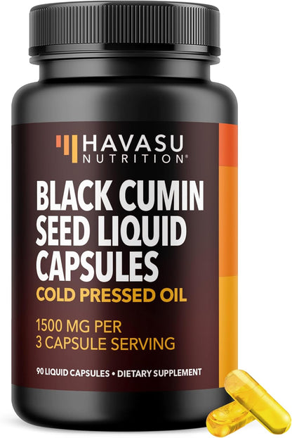Black Seed Oil Capsules, Vegan, Non-GMO, Cold-Pressed Nigella Sativa, 90ct | 1500mg Per Serving Black Cumin Supplement for Skin Health, Immune Function, and Digestive Health, Unflavored, 30 Servings