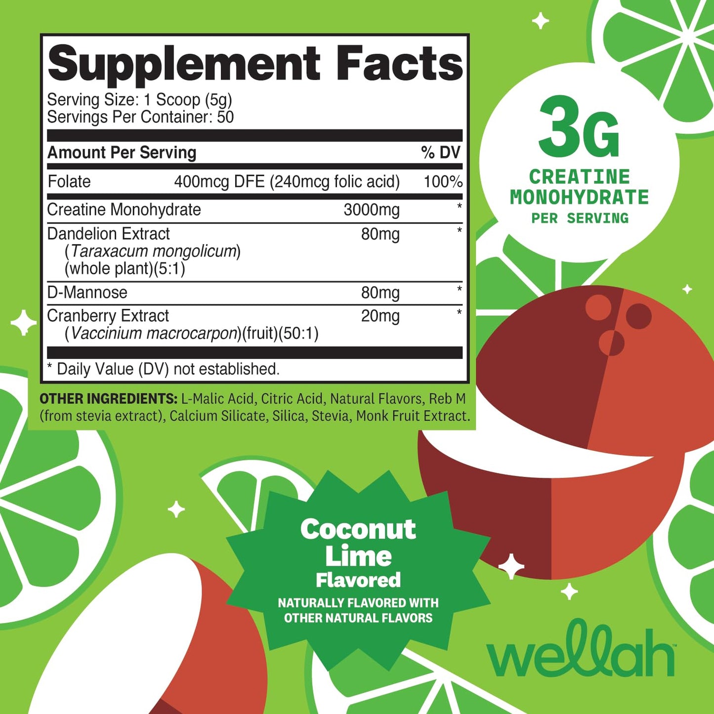 Wellah Creatine for Women - Creatine Monohydrate with Dandelion & Cranberry Extract (50 Servings, Strawberry Lemonade) | Creatine Monohydrate with Dandelion & Cranberry Extract
