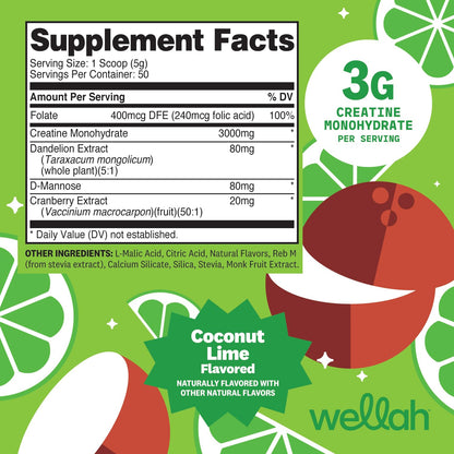 Wellah Creatine for Women - Creatine Monohydrate with Dandelion & Cranberry Extract (50 Servings, Strawberry Lemonade) | Creatine Monohydrate with Dandelion & Cranberry Extract