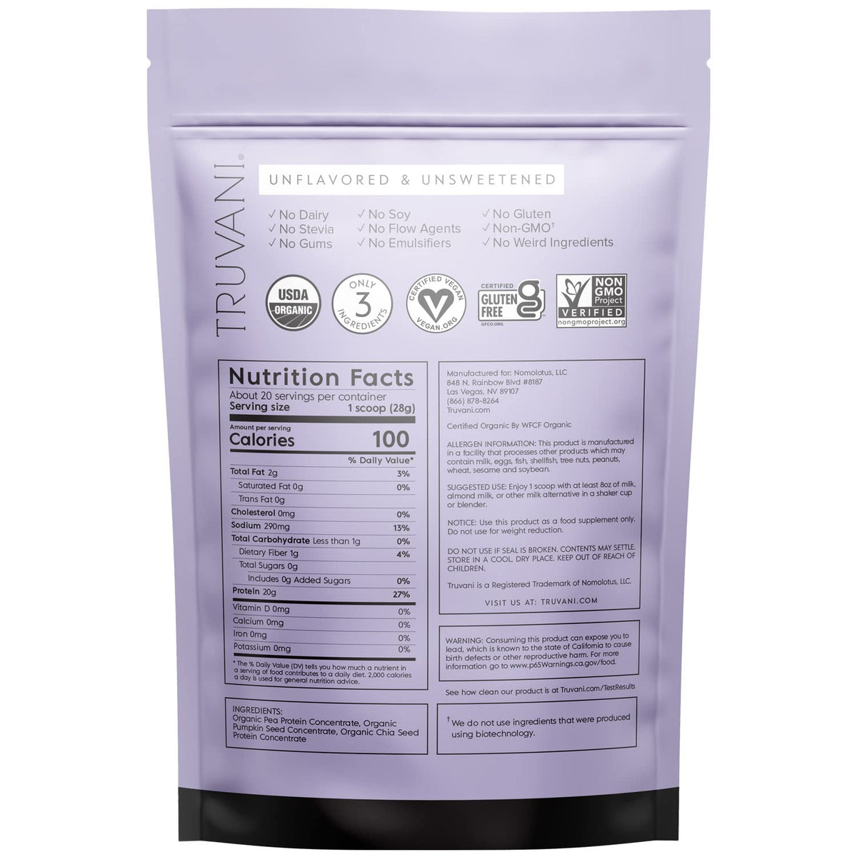 Truvani Organic Vegan Protein Powder Unflavored - 20g of Plant Based Protein, Organic