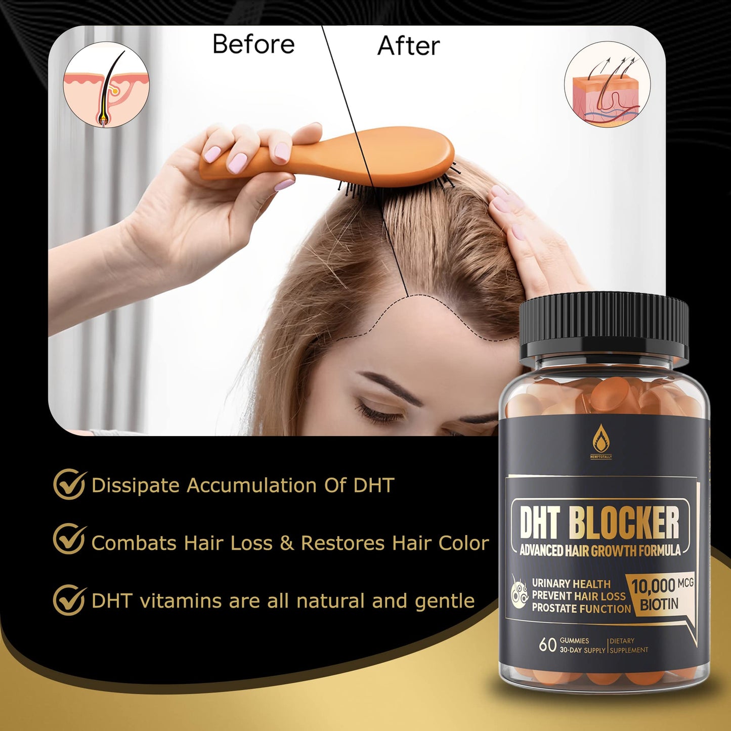 DHT Blocker Gummies Hair Growth Supplement, Super Potency Saw Palmetto & Biotin 10000 mcg for Women & Men, Plus 12 Proprietary Blend - Prevent Hair Loss, Blocking DHT Receptors, Balance