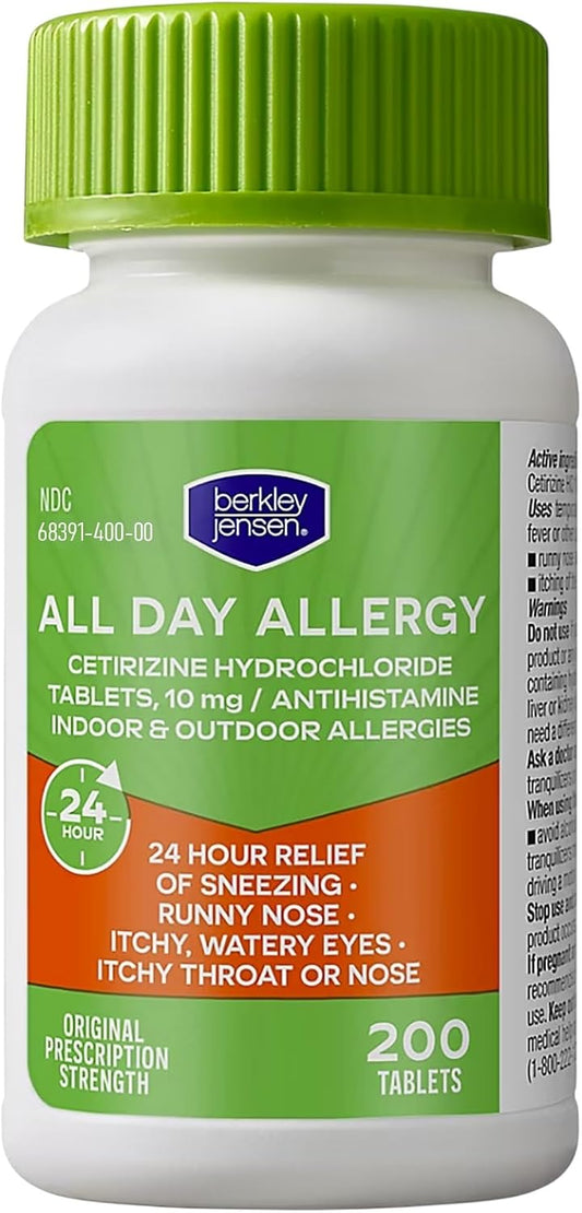 berkley jensen 24 Hour Allergy Relief, 10 mg Cetirizine Hydrochloride Antihistamine - Fast Allergy Medicine for Indoor & Outdoor Allergies, Made in USA, 200 Tablets (Pack of 1)