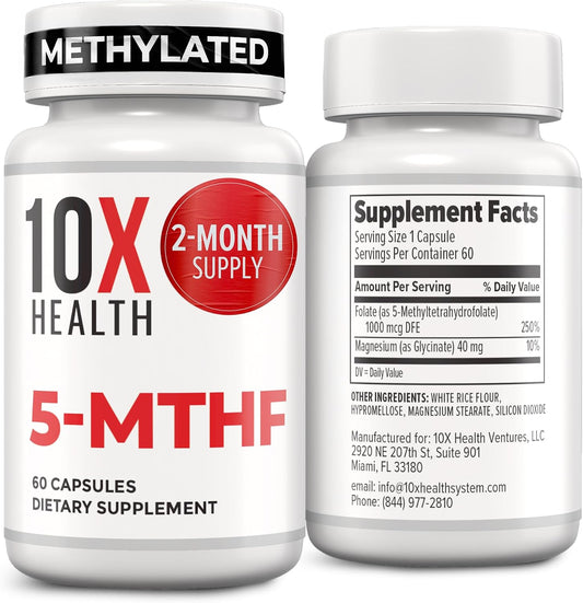 10X Health 5 Mthf - 60 Capsules | L Methylfolate: Methylated Folate & Magnesium, Brain & DNA Support, Bioavailable