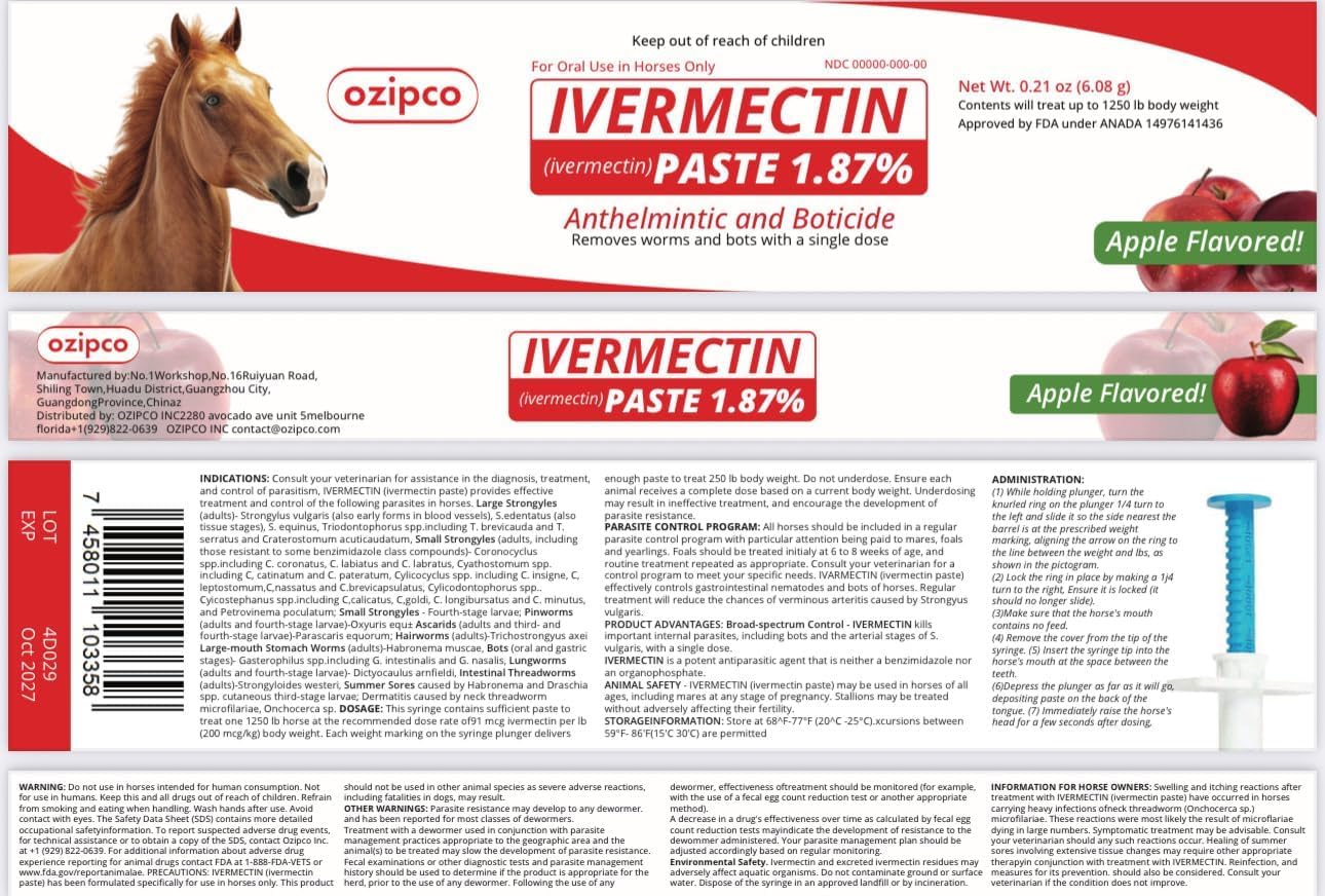 Ivermectin Horse Paste 1.87% | Apple Flavor – 6.08g Syringe for Equine Use Only Up to 1250 LB