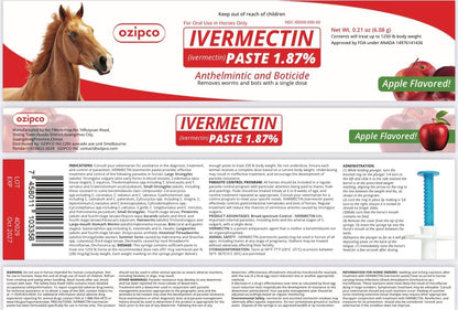 Ivermectin Horse Paste 1.87% | Apple Flavor – 6.08g Syringe for Equine Use Only Up to 1250 LB