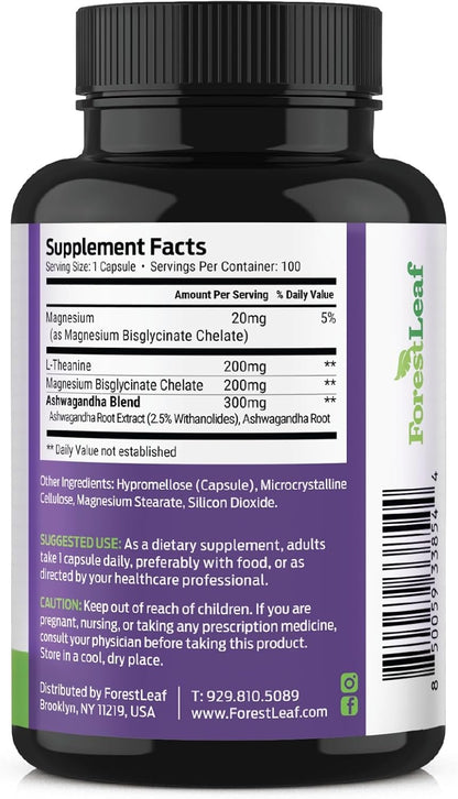 ForestLeaf L Theanine Supplement - L-Theanine 200mg with Ashwagandha and Magnesium for Focus, Stress Relief & Relaxation - Non-GMO & Gluten Free - 100 Caps