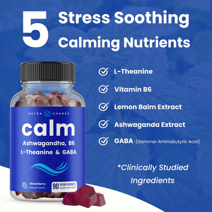NutraChamps Calm Gummies, Stress Gummies Supplement with Ashwagandha, L-Theanine, GABA, Vitamin B6 & Lemon Balm, Supports Mood, Focus & Stress Relief, Natural Berry, 90 Gummies