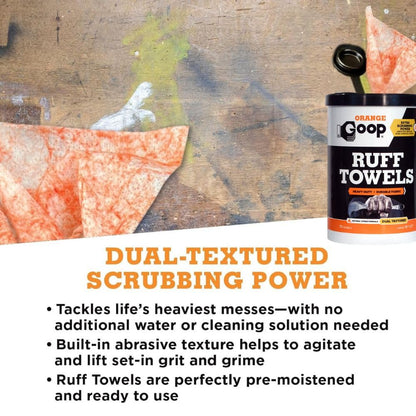 GOOP Orange Heavy Duty Ruff Towels with Scrubbing Power, 10” x 12” Dual Textured Multi-Purpose Cleaning Wipes, Removes Dirt, Grease, Oil, 72 Count
