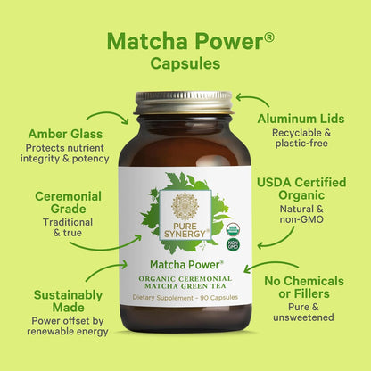 PURE SYNERGY Matcha Power | Organic Matcha Green Tea Capsules | Ceremonial Grade Supplement with EGCG | for Enhanced Energy & Alertness (90 Capsules)