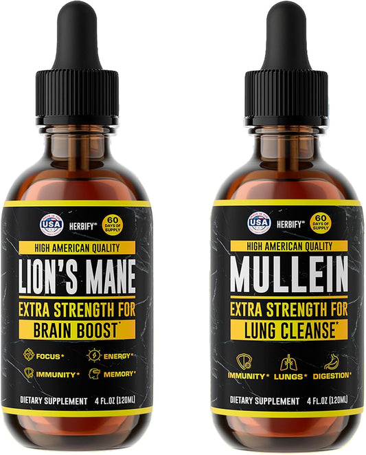 HERBIFY Bundle - Lions Mane & Mullein 4 Fl Oz Drops - Supplement for Memory, Focus & Clarity & Immune Support, Lung Cleanse and Bronchial Support