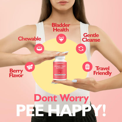 Happee Urinary Tract Health Supplement for Women & Men, Fast-Acting UTI Relief and Prevention, 500mg D-Mannose & Antioxidants, Supports Kidney and Bladder Health, Berry Flavor, 60 Chewables