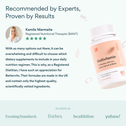 Bettervits Multivitamin for Women & Men | Womens Daily Multivitamin with 13 Essential Vitamins Iron, Iodine, Calcium and Biotin | Vitamins A, K2, D3, C, B1, B2, B3, B5, B6, B7, B9, B12 | 60 Capsules