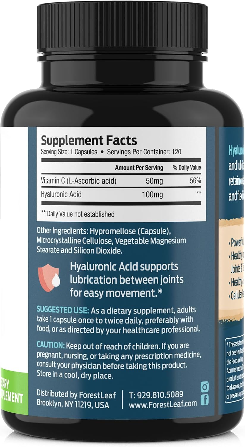 ForestLeaf Hyaluronic Acid Supplements | 100mg High Bioavailable Dietary Hyaluronic Acid Powder Capsules + 50mg VIT C | Supports Skin Hydration, Joint Lubrication, Anti-Aging, Hair & Nails | 120 Caps