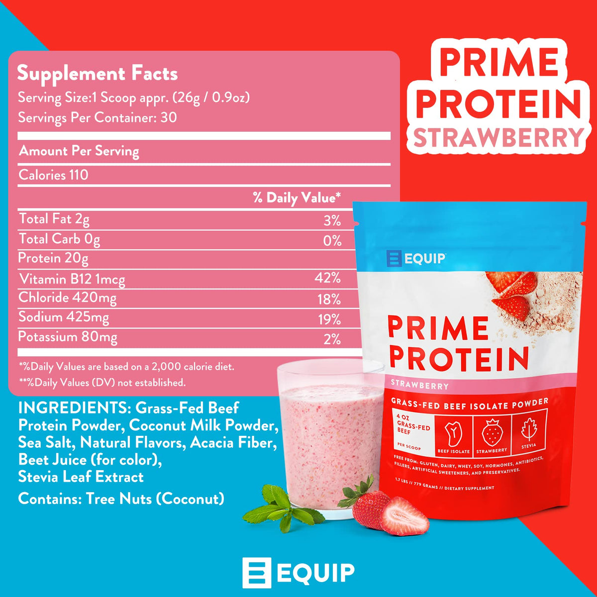 Equip Foods Prime Protein Powder Strawberry & Core Colostrum Powder