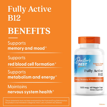 Doctor's Best Vitamin B12 Methylcobalamin for Men & Women - Vitamin B 12 Caps 1500 mcg, VIT B-12 Supplement, Vegan, Gluten Free, Non GMO, Fully Active - 180 Veg Capsules