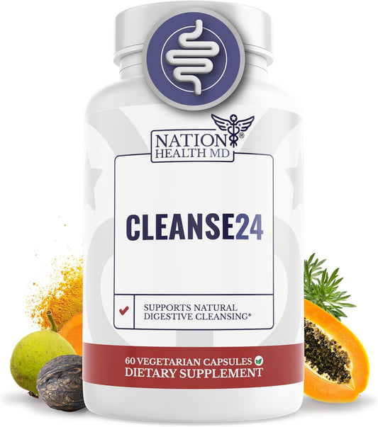 Cleanse24 | Intestinal Cleanse for Humans with Wormwood | Gut Cleanse for Men & Women, Herbal Intestinal Cleanse, Papaya, Black Walnut, 30 Days Supply, 60 Capsules