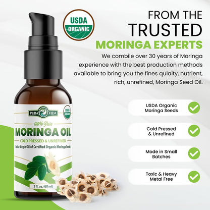 100% Pure Moringa Oil Organic for Face, Hair, Nails and Dry Skin - USDA Certified Single