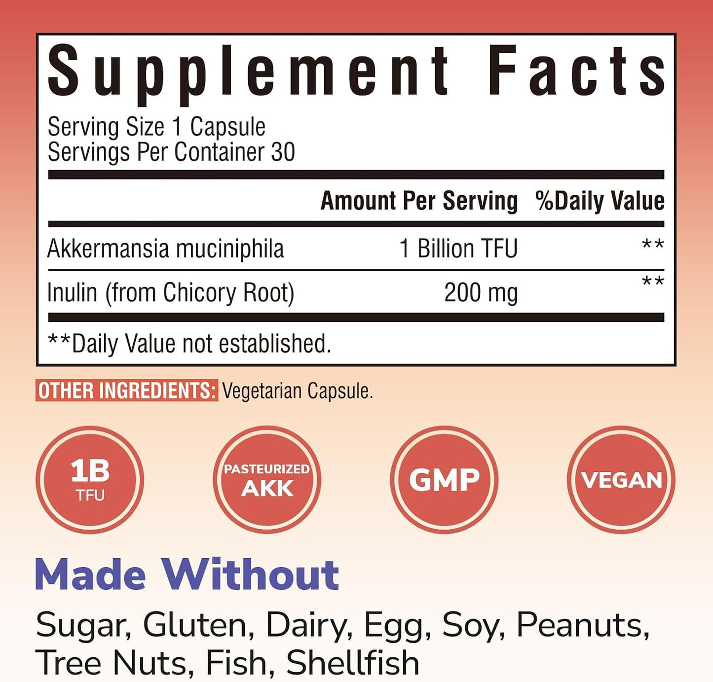 Vitalibre Akkermansia Muciniphila Probiotic 1 Billion TFU, w/Natural Prebiotic Inulin, Naturally Increases GLP-1, Healthy Digestion & Metabolism, Probiotic Supplement for Women & Men, 30 Capsules