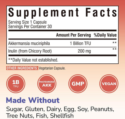 Vitalibre Akkermansia Muciniphila Probiotic 1 Billion TFU, w/Natural Prebiotic Inulin, Naturally Increases GLP-1, Healthy Digestion & Metabolism, Probiotic Supplement for Women & Men, 30 Capsules