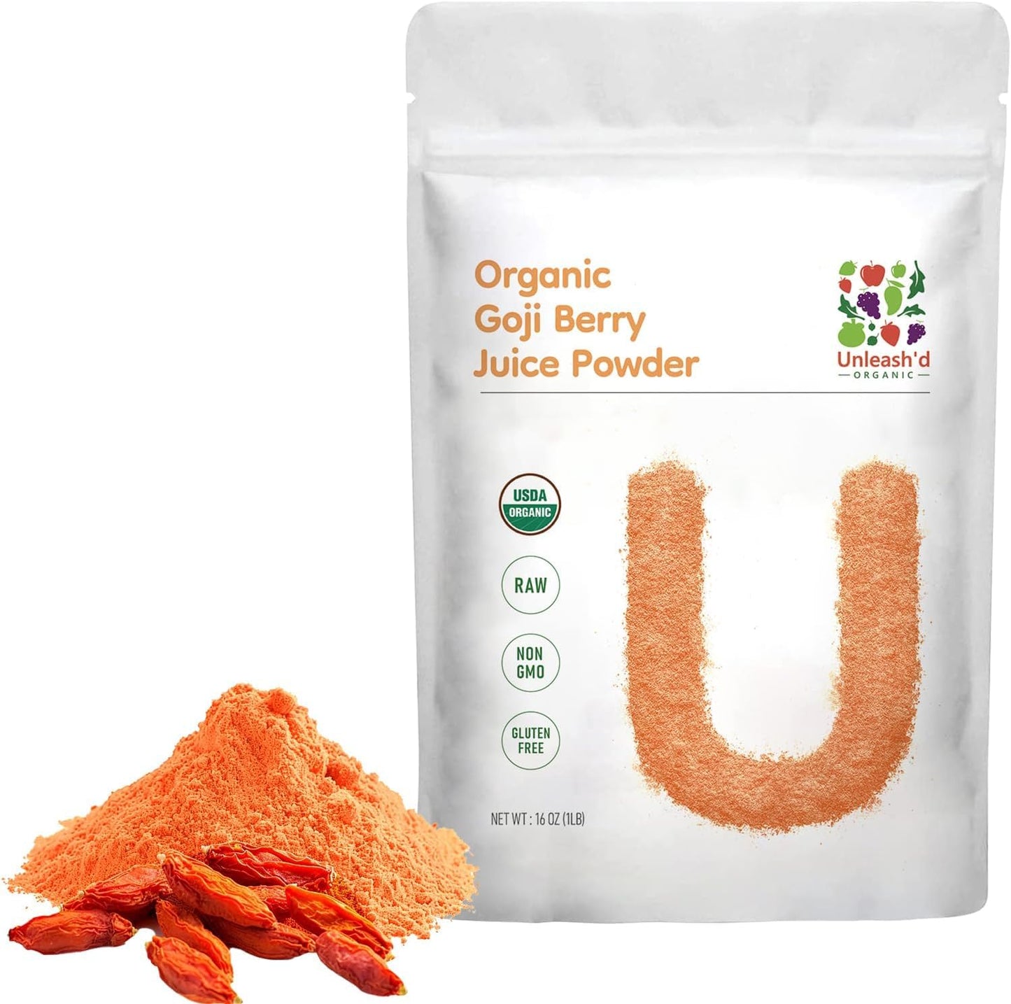 Unleash’d Organic Goji Berry Juice Powder 16 oz – 100% Pure Superfood, Rich in Antioxidants & Vitamins, Natural Nutrient Boost