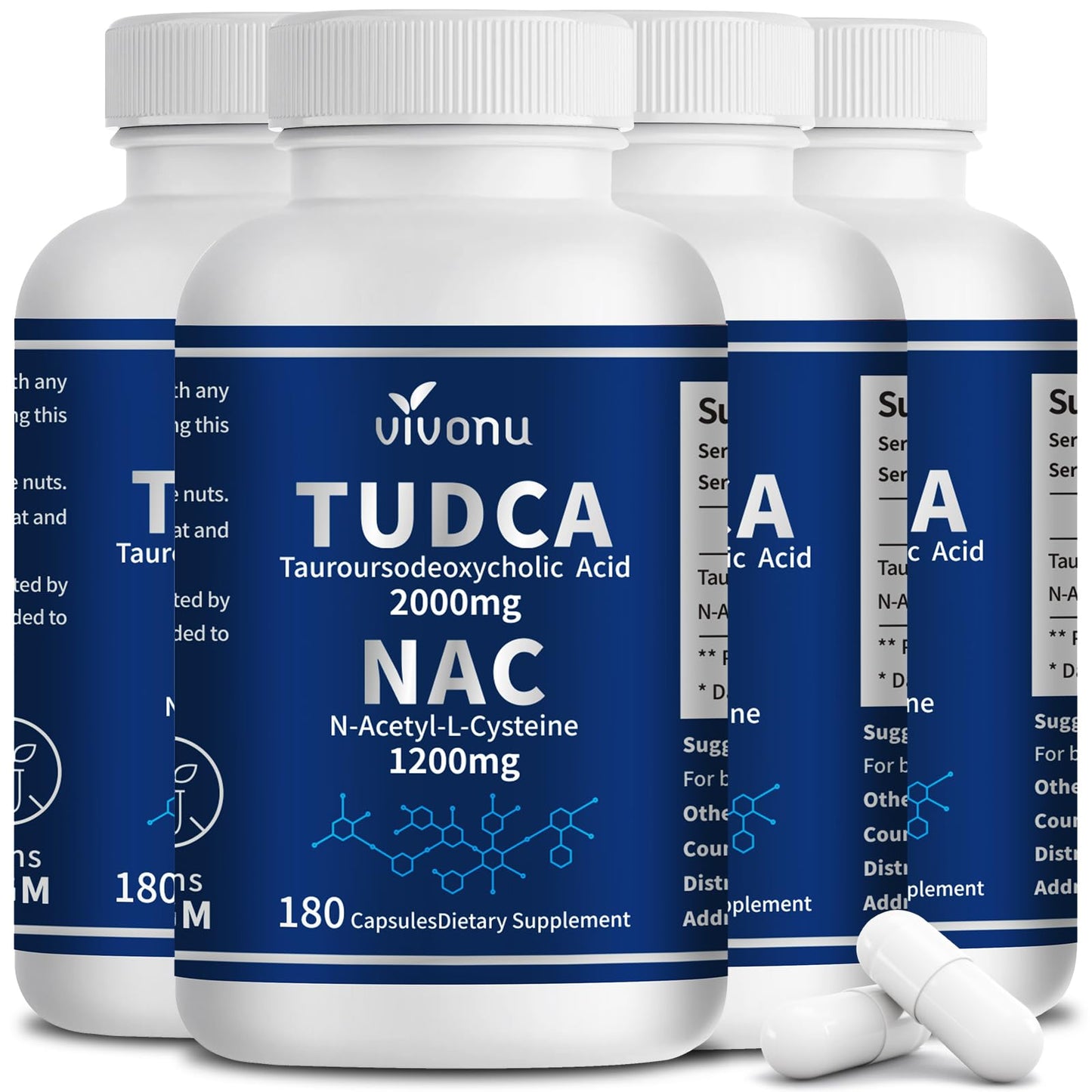 VivoNu TUDCA 675mg + NAC 375mg Supplement Complex Capsules, Powerful TUDCA Bile Salt + N Acetyl Cysteine, Antioxidant Supplements for Liver & Lung& Gallbladder Cleanse, Digestion - 180 Capsules