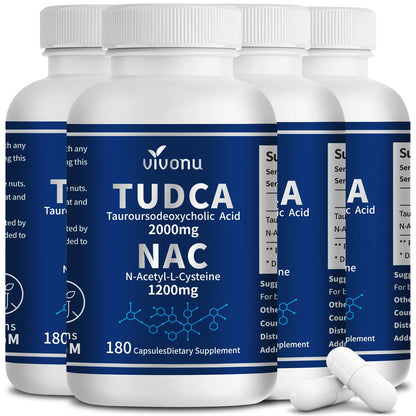 VivoNu TUDCA 675mg + NAC 375mg Supplement Complex Capsules, Powerful TUDCA Bile Salt + N Acetyl Cysteine, Antioxidant Supplements for Liver & Lung& Gallbladder Cleanse, Digestion - 180 Capsules