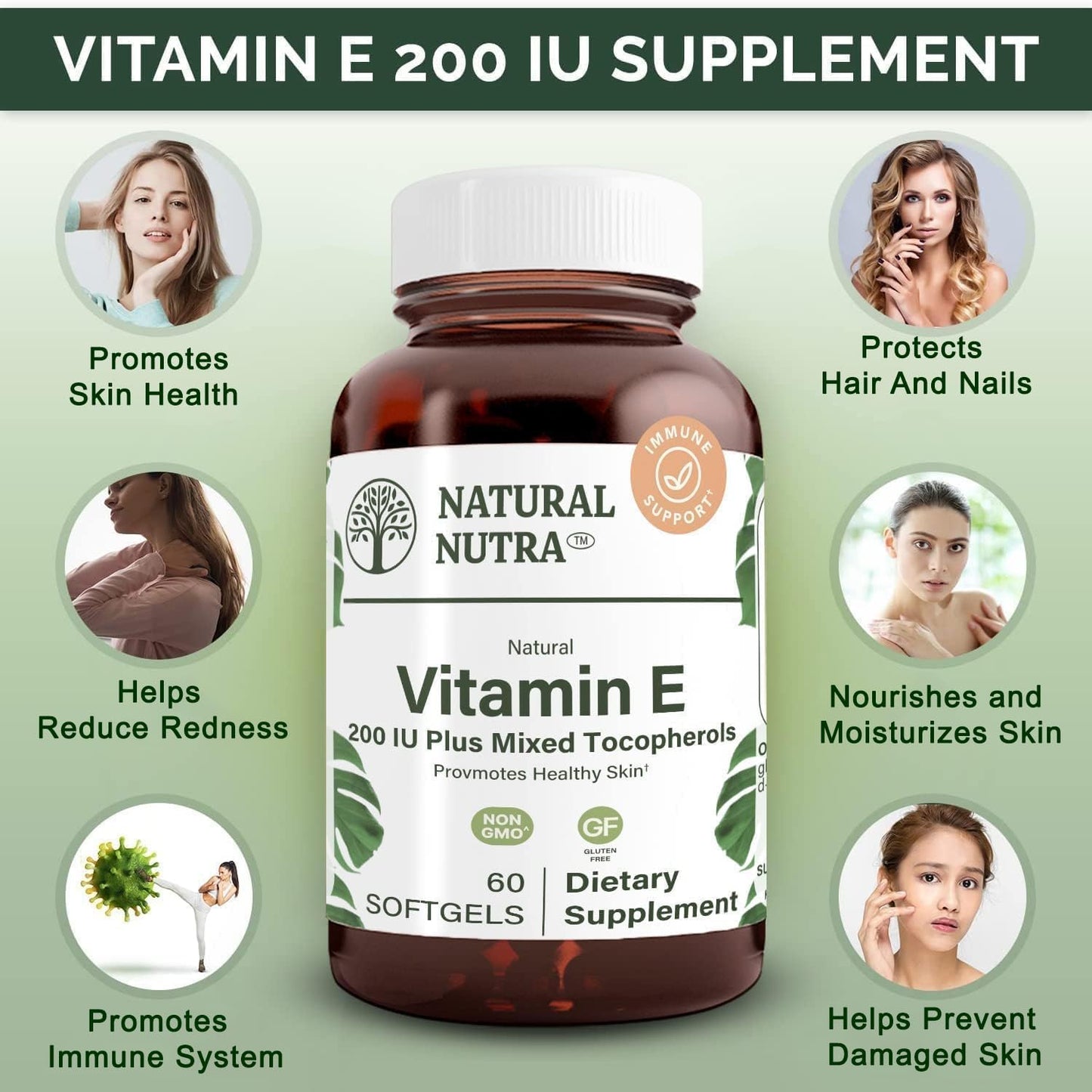 Natural Nutra Vitamin E 200 IU Supplement, 60 Softgels | Helps Heart Health & Protects Skin Texture, Enriches Health Nutrients, Enhances Hair & Nails Growth, Supports Body Fat Level