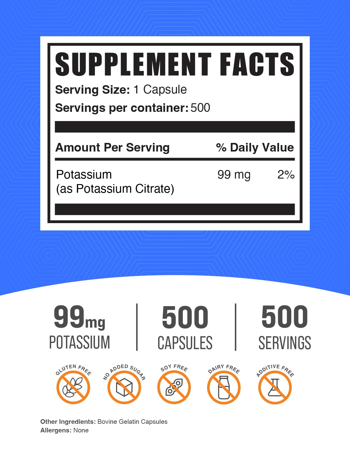 BulkSupplements.com Potassium Citrate Capsules - Mineral Supplement, Potassium Citrate 99mg - Gluten Free, 1 Capsule per Serving, 500 Count (Pack of 1)
