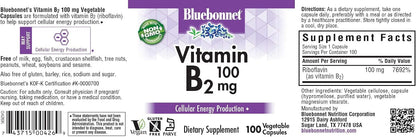 Bluebonnet Nutrition Vitamin B2 100 mg, For Cardiovascular and Nervous System Health, Soy-Free, Gluten-Free, Kosher Certified, Dairy-Free, Vegan, Non-GMO, 100 Vegetable Capsules, 100 Servings