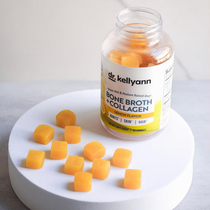 Dr. Kellyann Collagen + Bone Broth Gummies, Lemon | Gut, Skin, Joint & Hair Support | Grass-Fed Beef | Non-GMO, Dairy-Free, Soy-Free | 60 Gummies