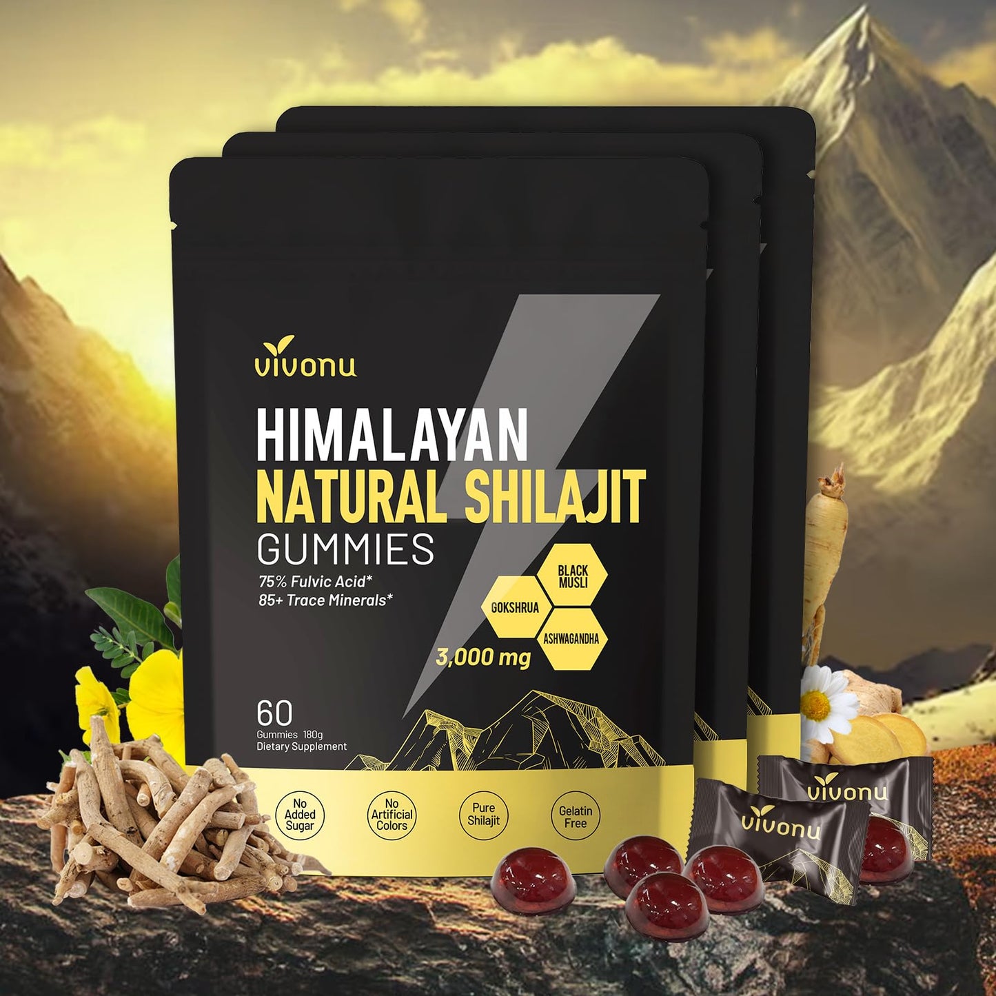 VivoNu Shilajit* Gummies,Pure Himalayan* micronutrient Supplement, Himalayan Premium Ingredient with Shilajit, Ashwagandha, Gokshura, Fulvic Acid & 85+ Trace Minerals I for Men & Women (4000MG/1 Bag)