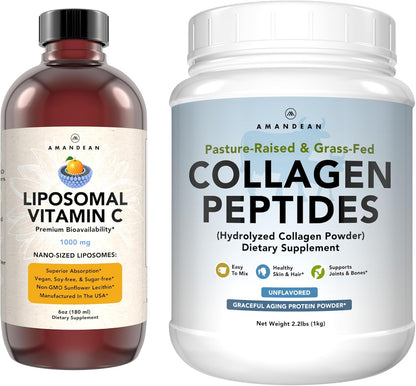 AMANDEAN Premium Liposomal Vitamin C & Bovine Collagen Peptides Bundle. Powerful Antioxidant. Liquid Quali-C. Grass-Fed Collagen. Hydrolyzed Type 1 & 3. Immune Support. Healthy Skin, Hair & Nails