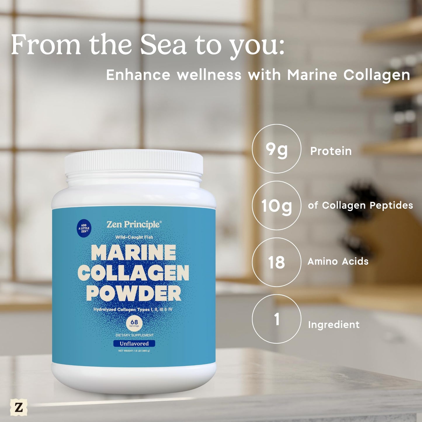 Zen Principle Marine Collagen Peptides Powder 3 lb. Wild-Caught Fish, Non-GMO. Supports Healthy Skin, Hair, Joints and Bones. Hydrolyzed Types I, II, III & IV Protein. Amino Acids. Easy to Mix.