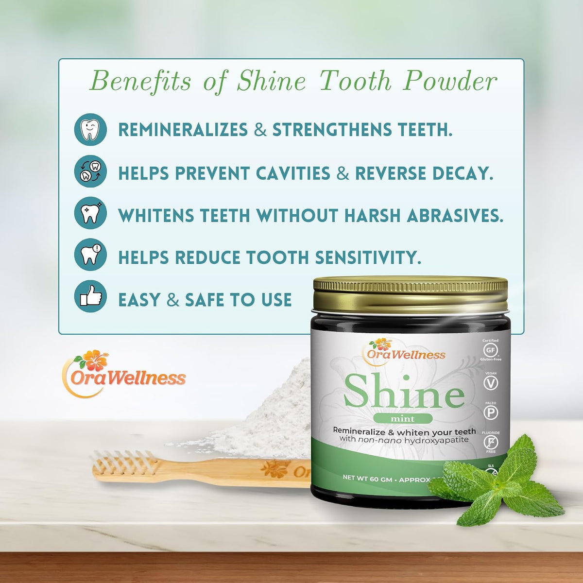 OraWellness Shine Remineralizing Tooth Powder with Hydroxyapatite, Mint