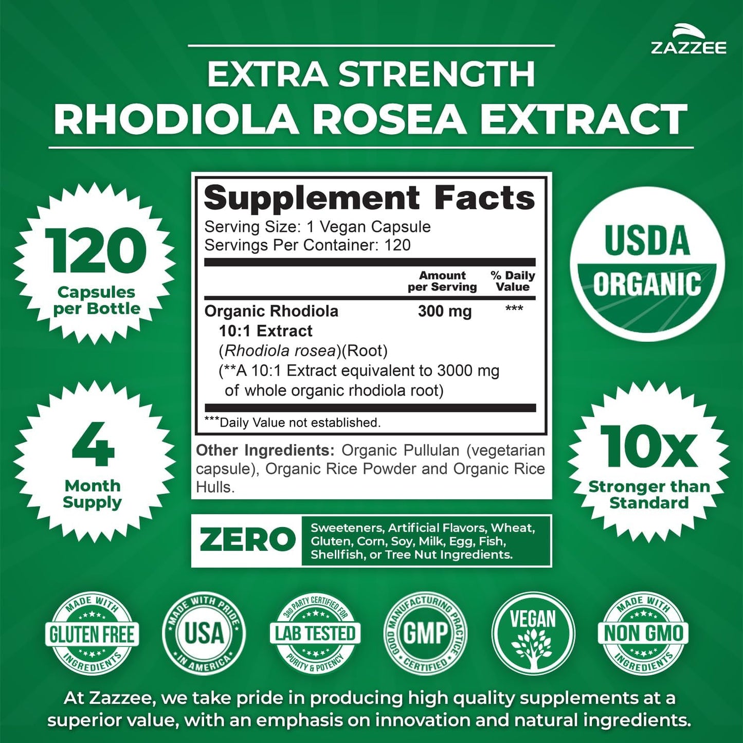 Zazzee USDA Organic Rhodiola 10:1 Extract, 120 Capsules, 4 Month Supply, Rhodiola Rosea, Energy, Stress & Mental Focus Support, Concentrated 10X Extract, All-Natural, Non-GMO, Made in the USA