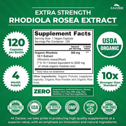 Zazzee USDA Organic Rhodiola 10:1 Extract, 120 Capsules, 4 Month Supply, Rhodiola Rosea, Energy, Stress & Mental Focus Support, Concentrated 10X Extract, All-Natural, Non-GMO, Made in the USA