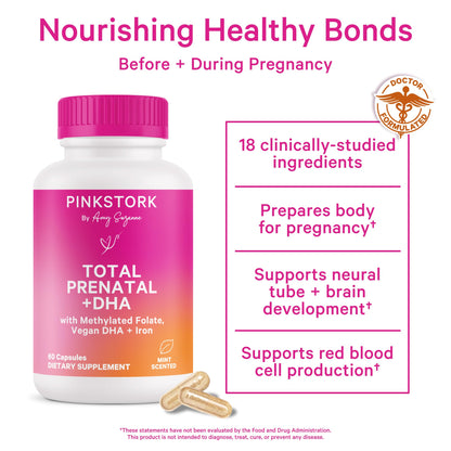 Pink Stork Total Prenatal Vitamins for Women, Clean Label, 60 Count, Mint | Vegan DHA, Methylfolate, Iron, Choline, Vitamin B12 - Preconception Nutrition - No Fishy Burps - Pregnancy Essentials
