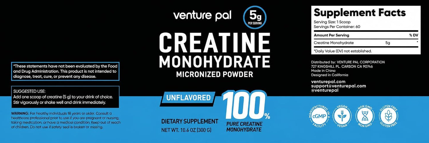 Venture Pal 100% Pure Micronized Creatine Monohydrate Powder 5g Per Serving | Vegan, Keto, GMO-Free & Gluten Free, Creatina Monohidratada en Polvo for Women & Men, Unflavored