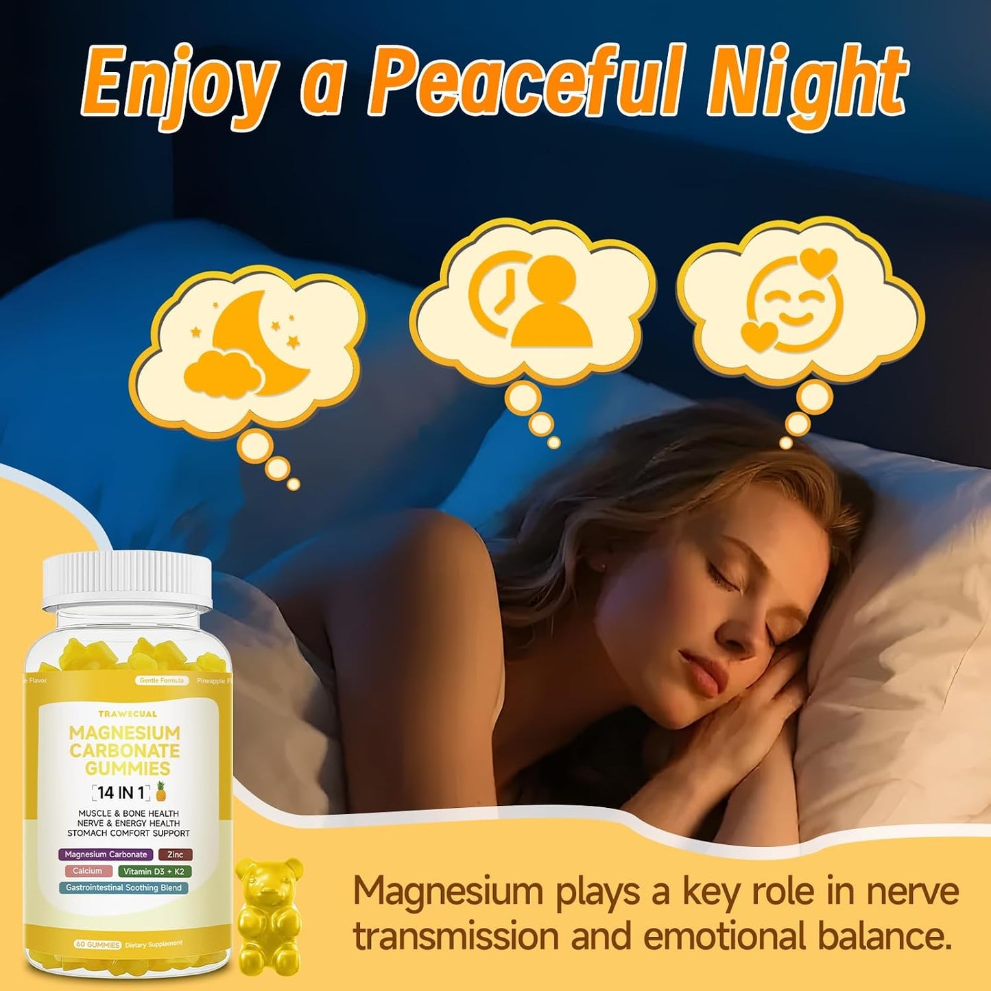 Magnesium Carbonate Gummies 600mg for Adults, 14-in-1 Sugar Free Magnesium Gummies for Relaxation, Muscle, Bone, Energy and Digestive Comfort Support, Pineapple Flavor, 60 Gummies