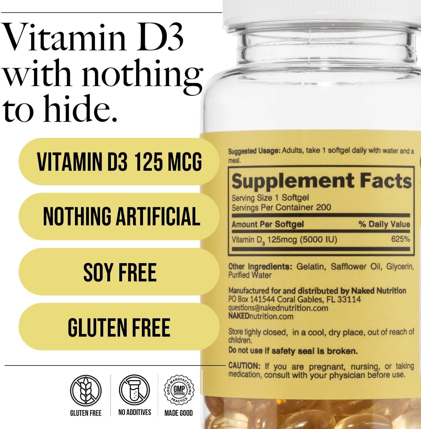 NAKED Vitamin D3 5000 IU – High Potency Vitamin D Supplement for Immune Support, Bone Strength, Muscle Function – 200 Vitamin D Softgels